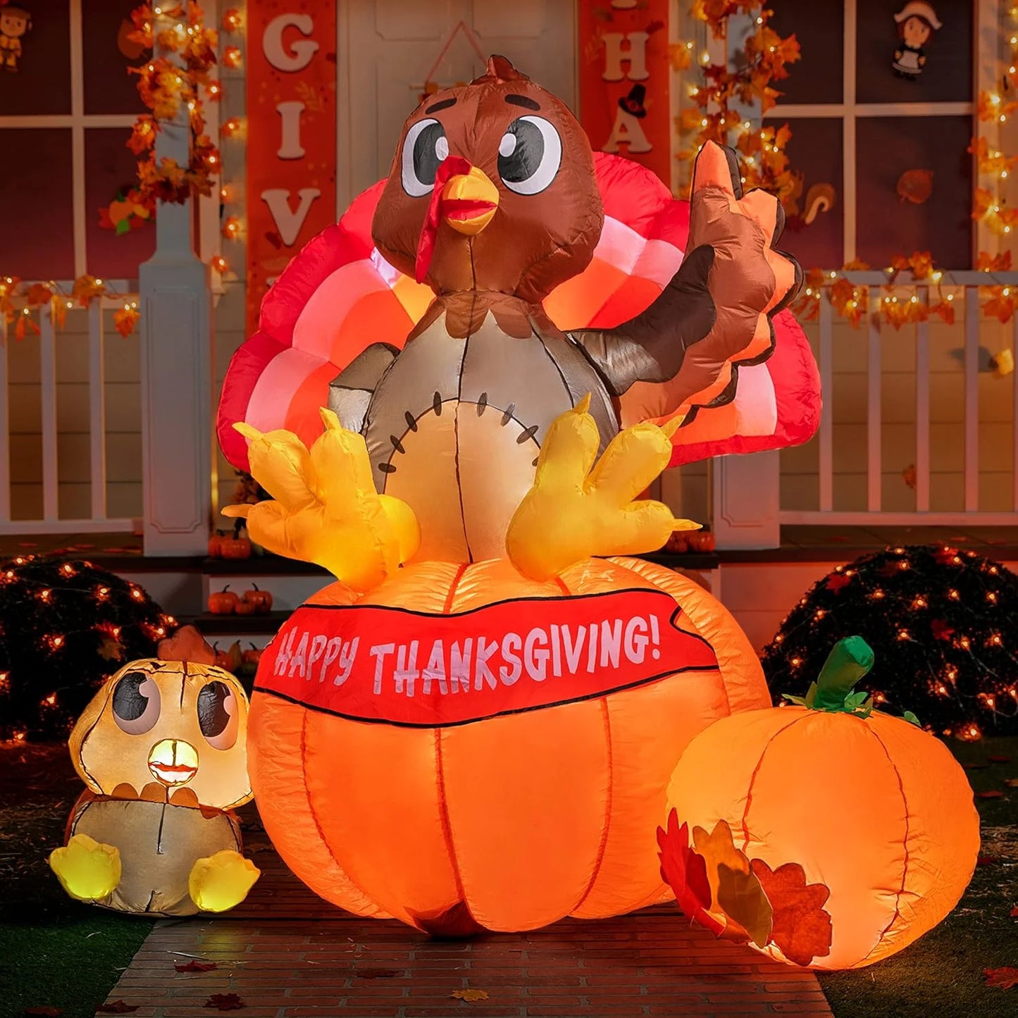 Joyfy 6 ft Thanksgiving Inflatable Turkey on Pumpkin & Little Turkey, LED Light Up Blow Up Turkey for Autumn Thanksgiving Family Party Décor, Halloween Inflatable Turkey for Yard Garden Decoration