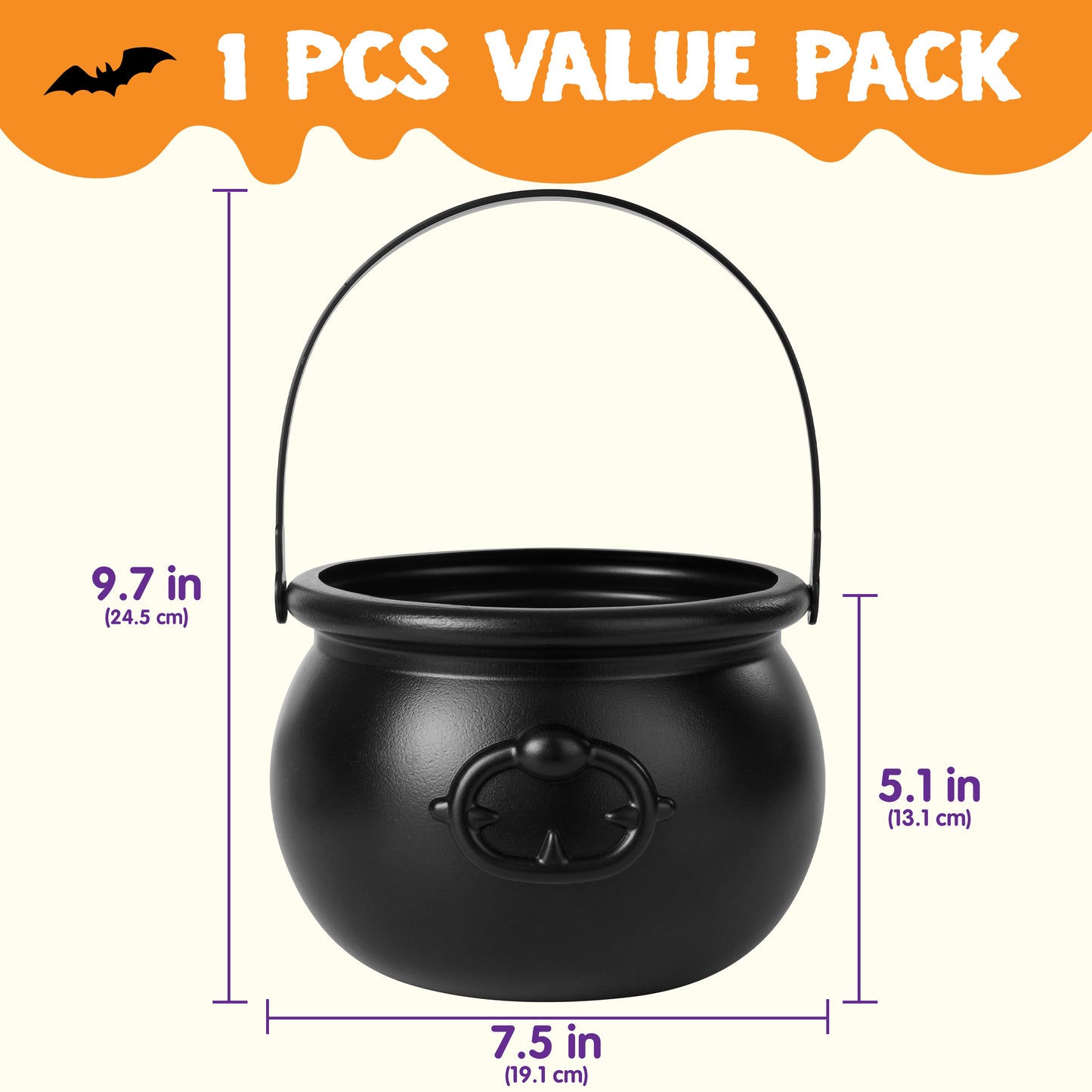 Joyfy 1 Pack Halloween Cauldron with Handle,Large Halloween Candy Bucket Basket Candy Bowl Halloween Bucket Plastic Cauldron Trick or Treat Bucket