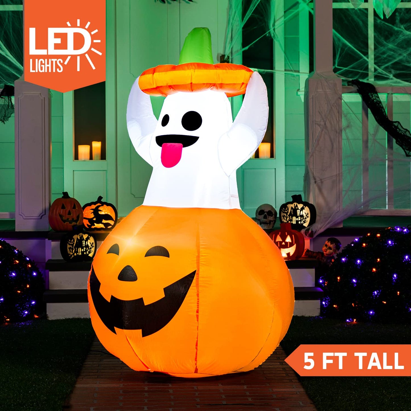 Syncfun 5 FT Halloween Inflatables Light up Pumpkin Ghosts Halloween Inflatables Outdoor Decorations,Blow up Halloween Yard Decorations
