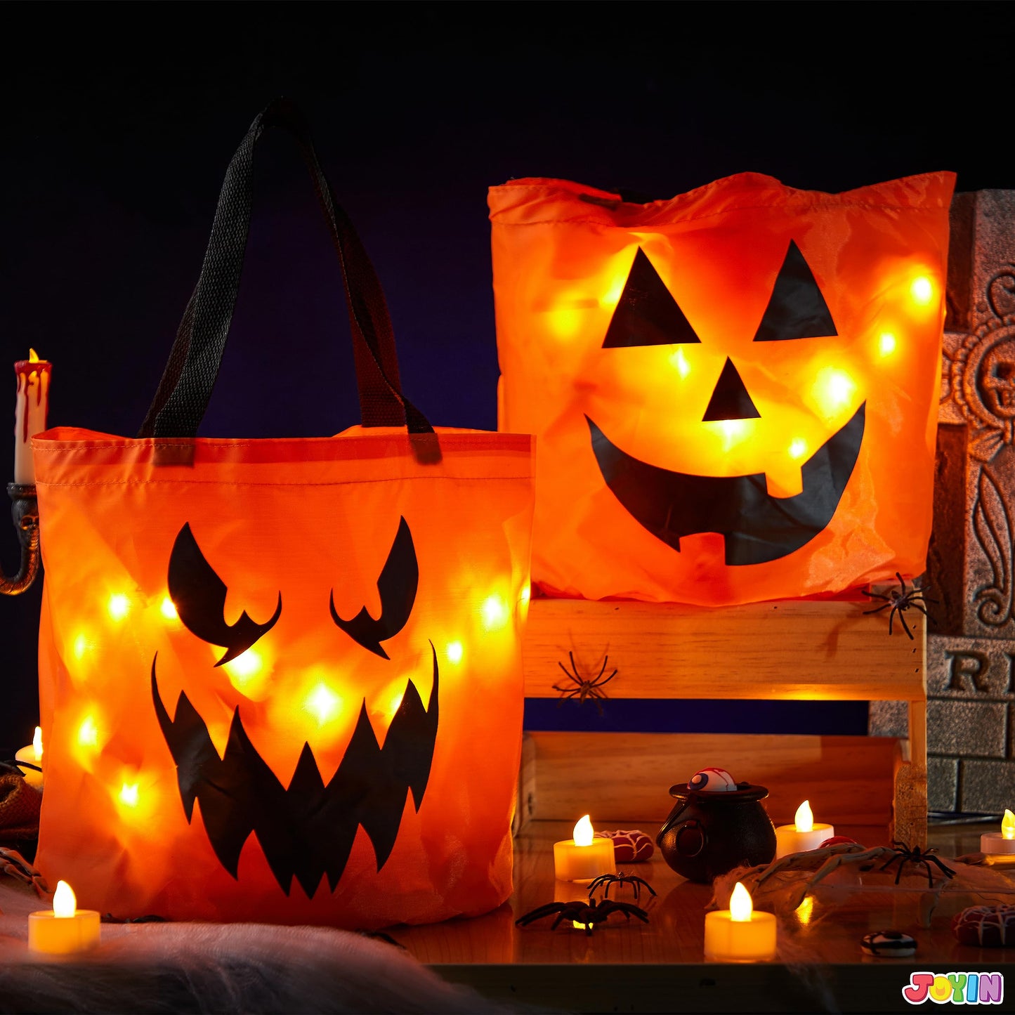 Joyfy 2 Pcs Halloween Candy Bag,LED Light Pumpkin Candy Buckets for Kids,Halloween Trick or Treat Bucket with Pumpkin Smile Face for Halloween Party Favors Goodie Bags