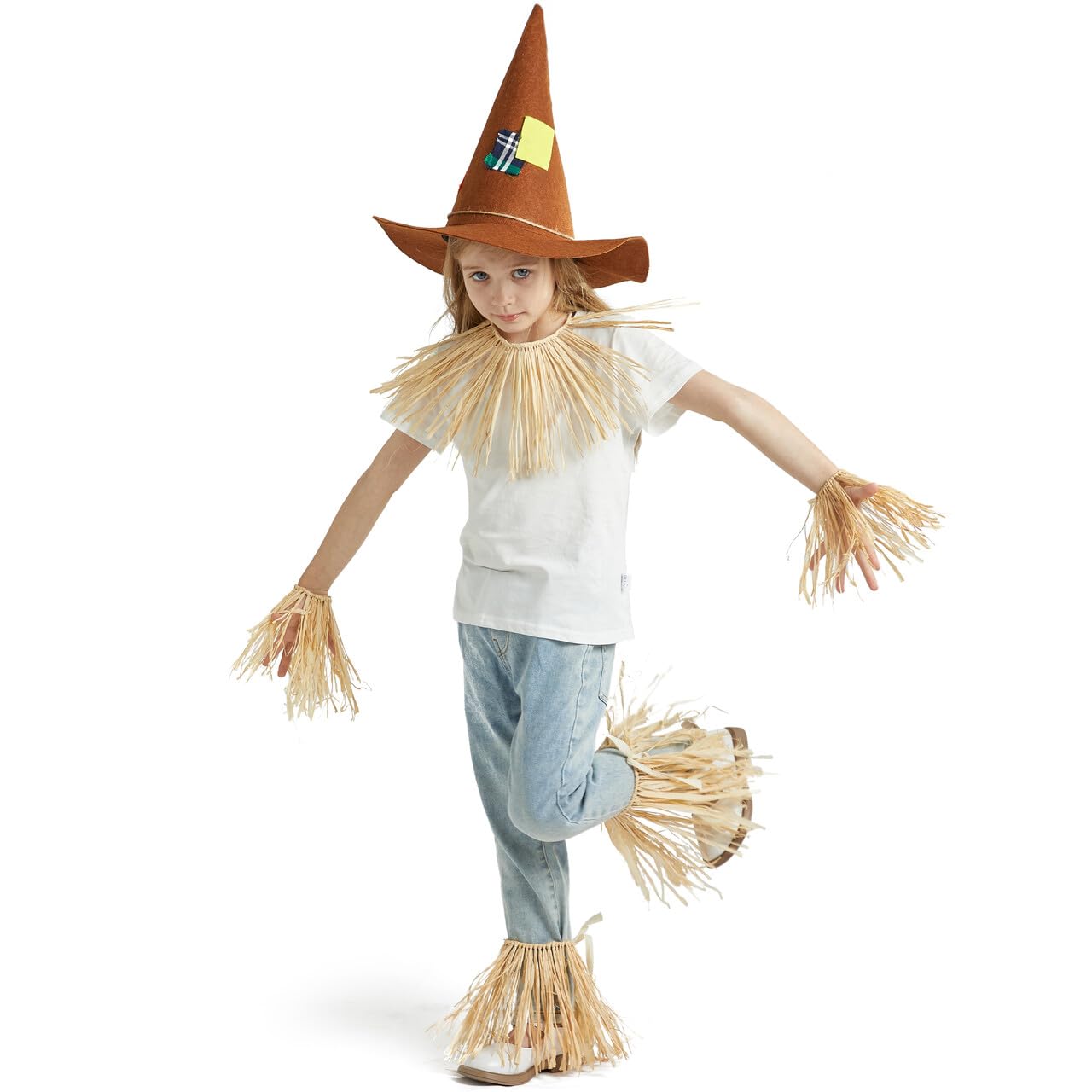 Joyfy 6 Pcs Halloween Scarecrow Costume Set,Scarecrow Costume Accessories Decoration with Scarecrow Hat and Scarecrow Skirt Raffia Neck Foot Hand Straws for Party Accessory Halloween Decoration