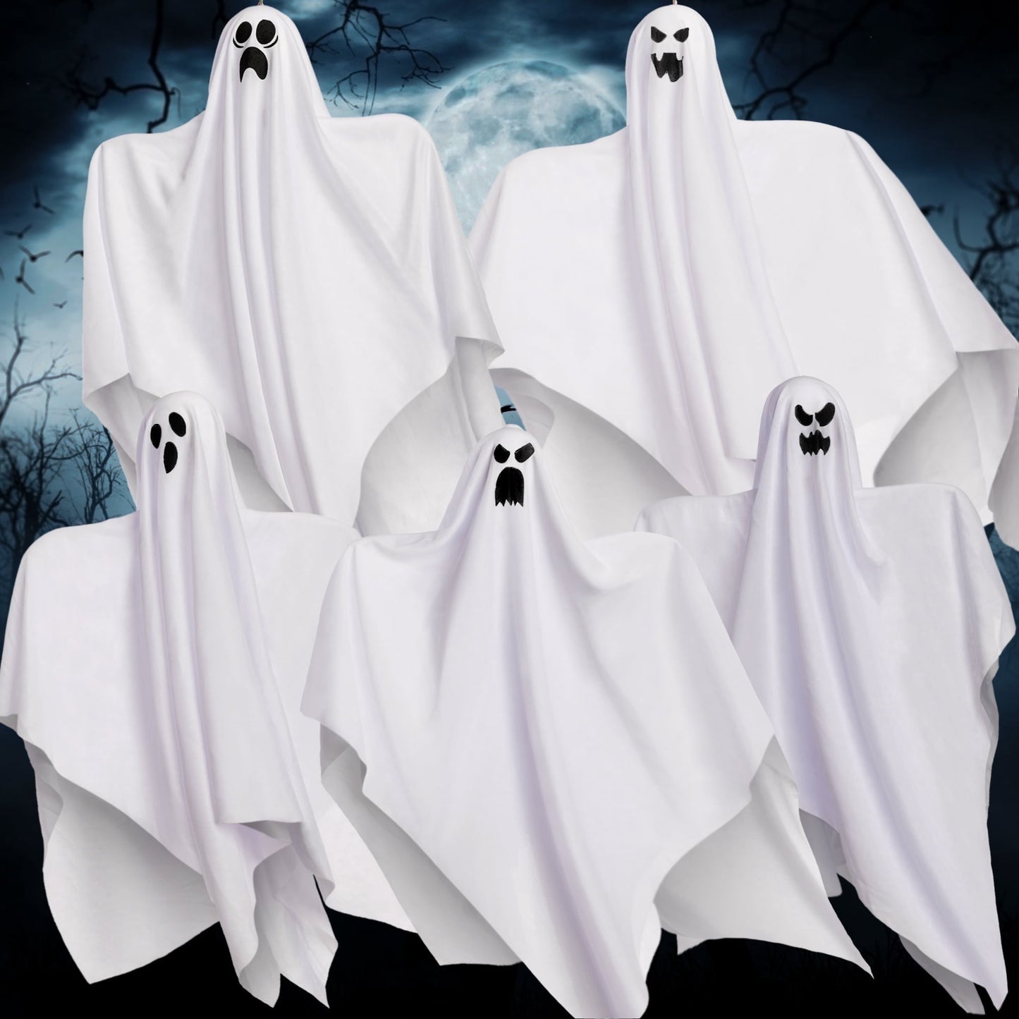 Joyfy 5 Pack Hanging Ghosts Halloween Decor,27.5 Cute Flying Ghosts Halloween Decorations Outdoor Hanging Halloween Decorations Yard Decorations