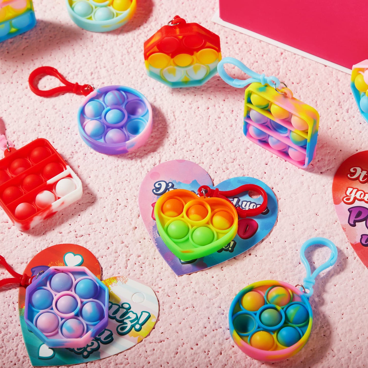 Joyfy 28 Packs Valentines Cards with Pop Bubble Key Chains Fidget Toys Valentines Exchange Pack for Kids Valentines School Classroom Favors