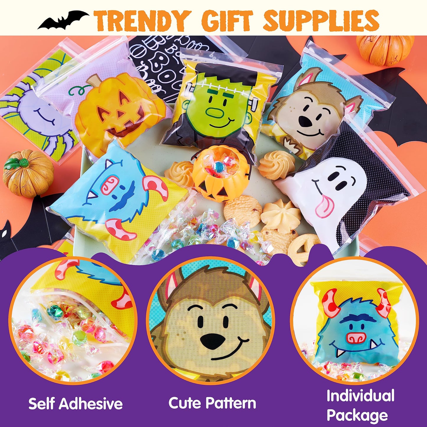 Joyfy 150 Pcs Halloween Treat Bags Clear Self Sealing Cellophane Bags Goodie Bags for Snack Cookie Candy,Halloween Gift Trick or Treat Bags,Halloween Party Supplies