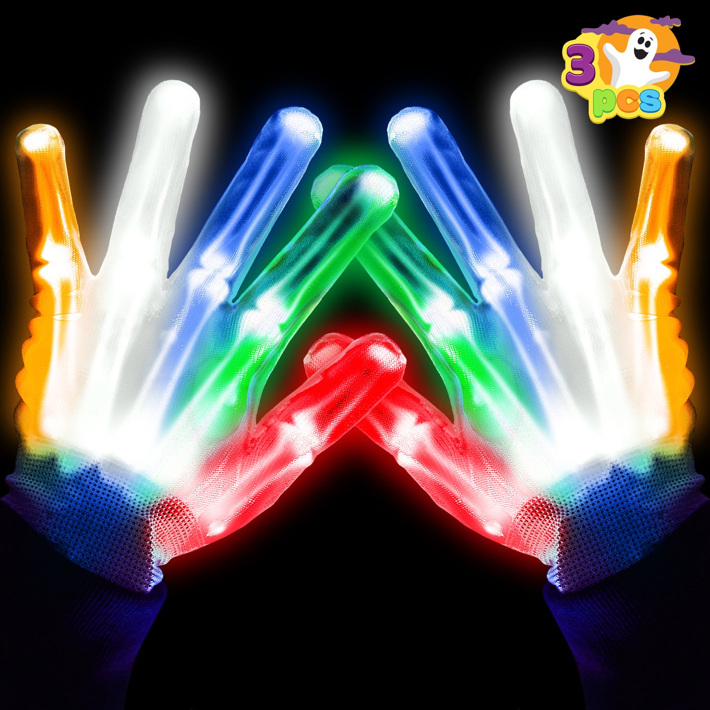 JOYIN 3 Pack LED Gloves for Kids,Flashing Finger Light Up Gloves Cool Glow Gloves with 3 Lighting Modes,Glow in the Dark Gloves for Kids Halloween Party Favors,Halloween Costume Accessories