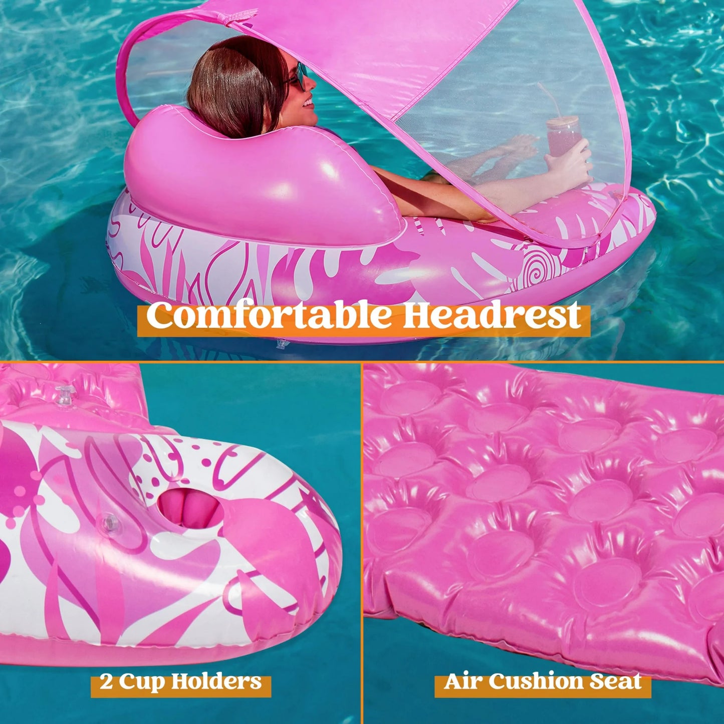 Syncfun Pool Float with Canopy, XL Pink Pool Lounge Chairs with Cup Holders, Floating Pool Chair for Adults, Inflatable Pool Floatie with Headrest for Summer Pool Party