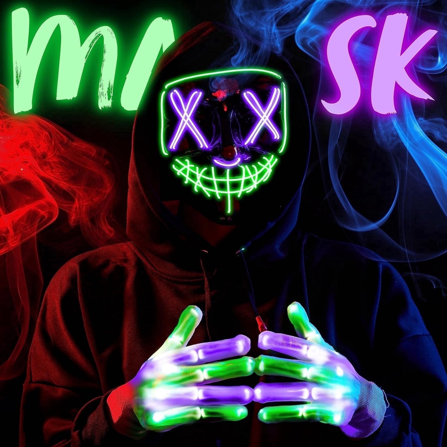 Joyfy Halloween Mask Light Up Mask and Gloves, Scary Halloween Costumes Accessories for Boys, Cosplay Halloween Costume Masquerade Parties, Carnival, Gifts Green and Purple