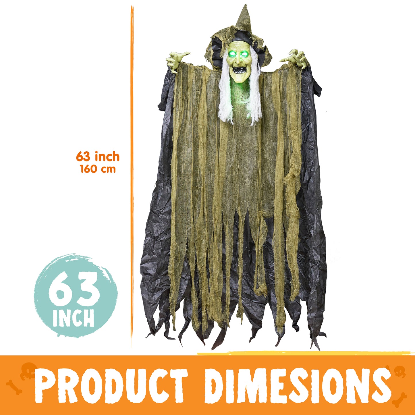 Syncfun 67 Inch Animated Halloween Witch Decoration,Outdoor Brown Ragged Robe Green Face Witch with Light and Sound Decoration for Halloween Outdoor Decor