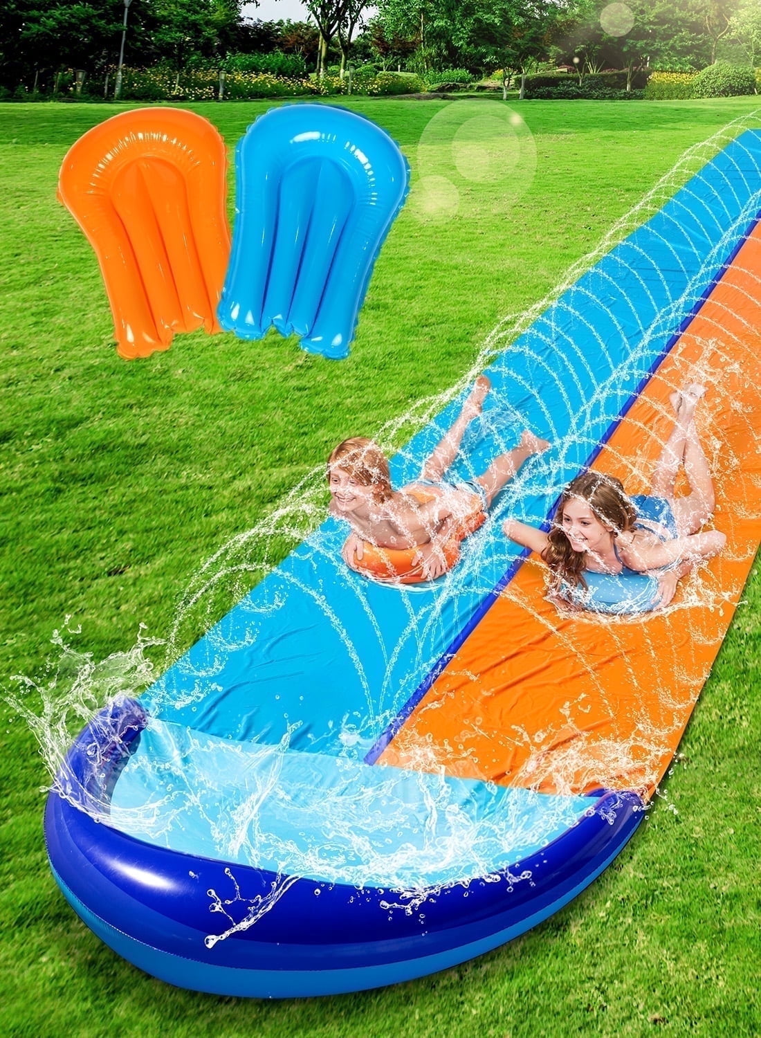 Joyfy 32.5ft Double Water Slide and 2 Inflatable Boards, Heavy Duty Lawn Water Slides with Sprinkler for Kids Adults Summer Water Fun Toys