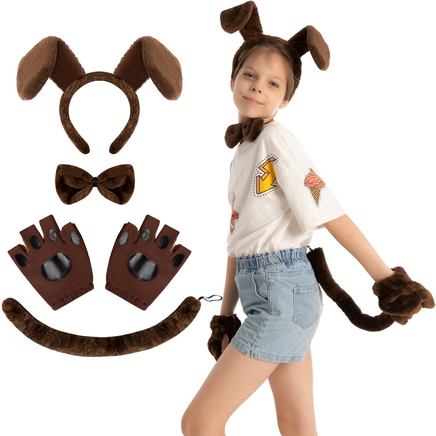 Joyfy 5 Pcs Dog Costume Accessories Set for Adult and Kids, Puppy Dog Ears Headband, Bowtie, Gloves, Tail for Halloween Party Dress Up