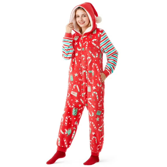 Joyfy Adult Women Christmas Pajamas, Women Sherpajamas, Santa Print Hooded Holiday Onesie