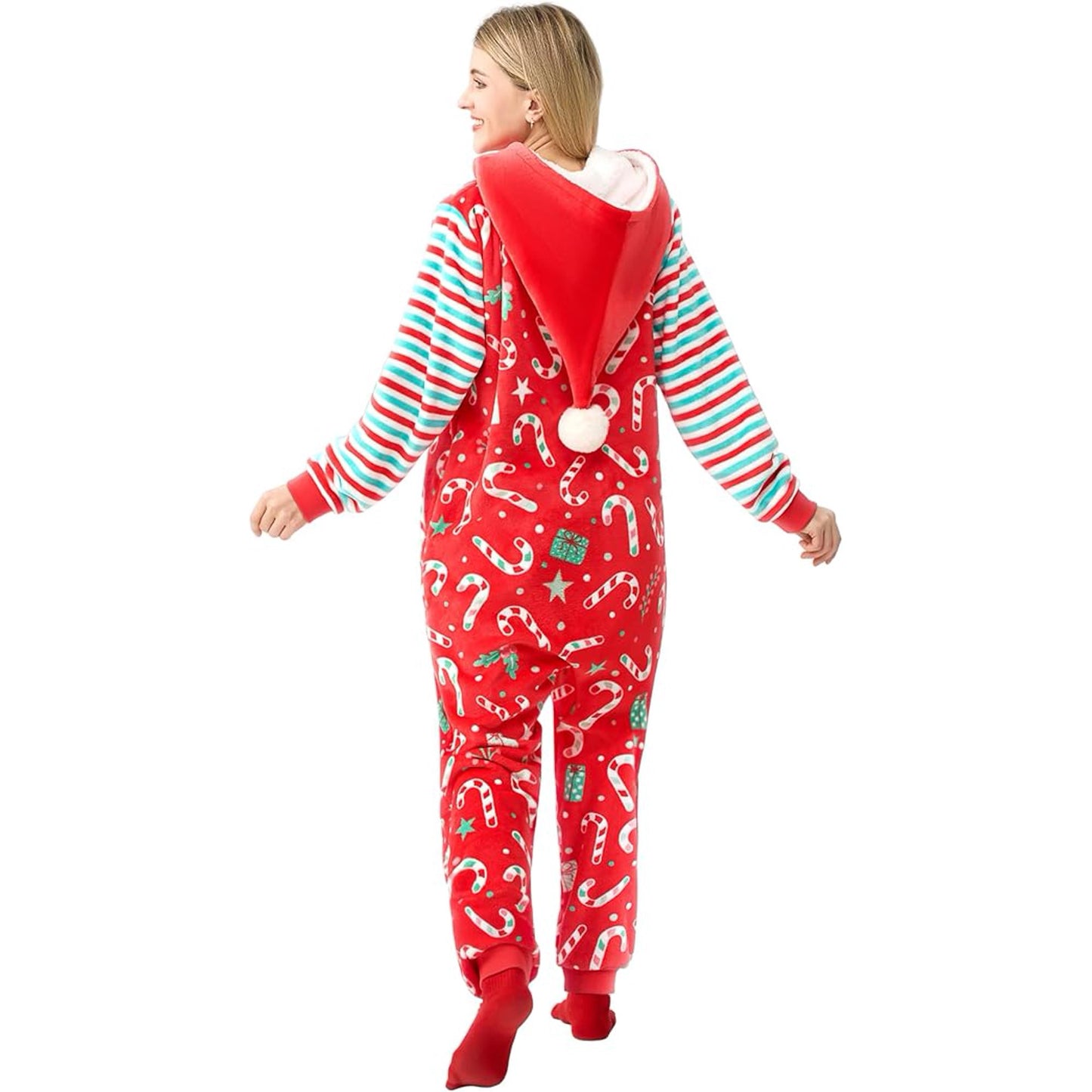 Joyfy Adult Women Christmas Pajamas, Women Sherpajamas, Santa Print Hooded Holiday Onesie