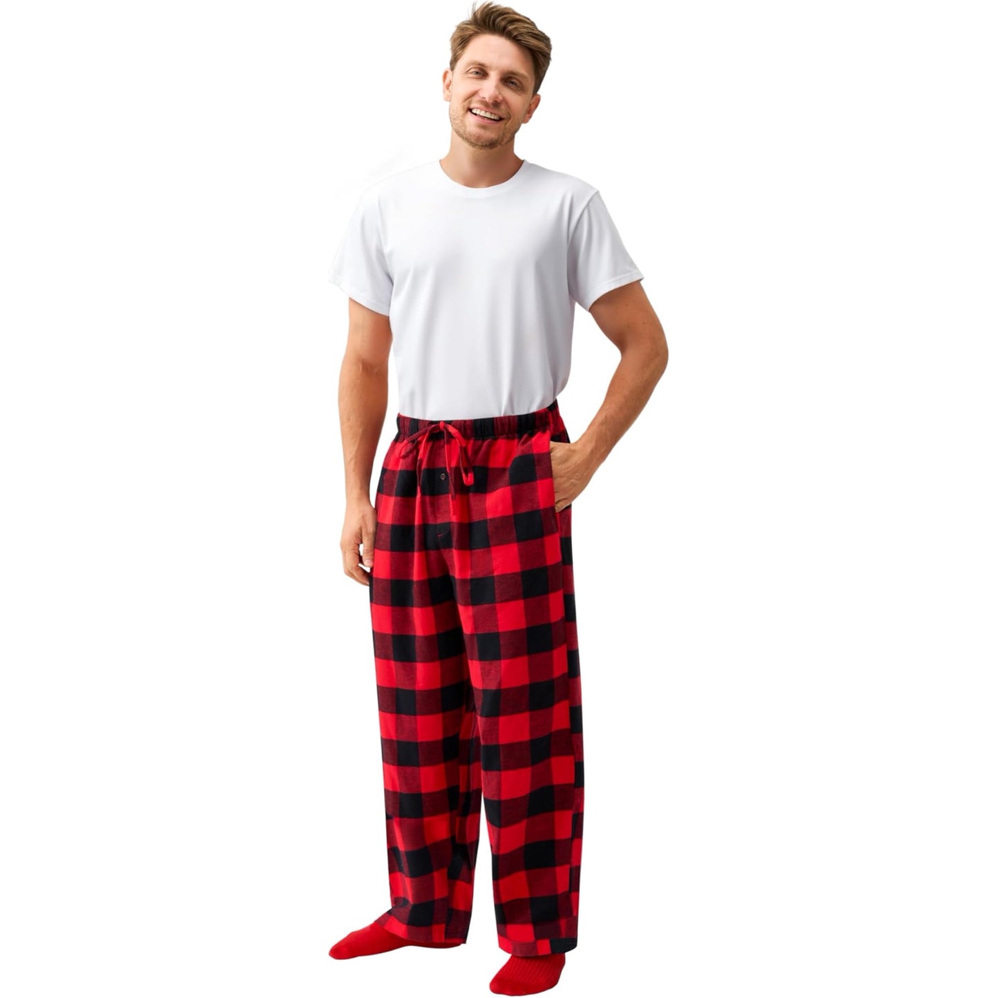Joyfy Men Christmas Pajamas, Red and Black Plaid Pajamas with Pockets, Buffalo Plaid Pajamas