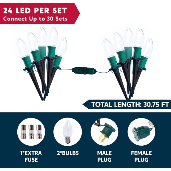Joyfy Christmas Pathway Lights Outdoor,30.75 FT 24 C9 LED Walkway Lights with Marker Stakes,Outdoor Christmas Lights for House Cool White Christmas Decorations