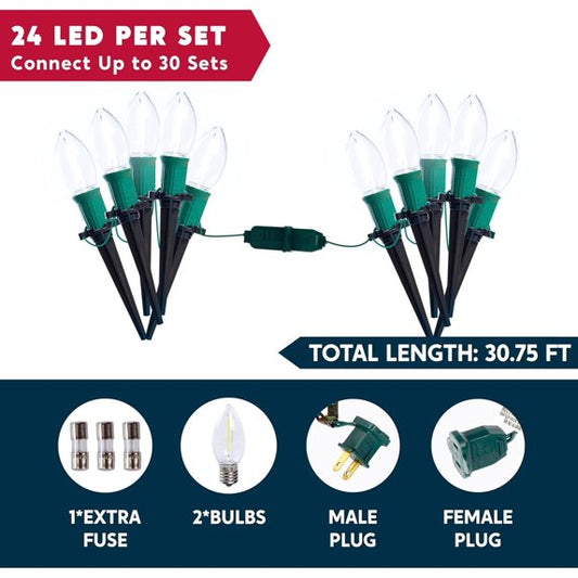 Joyfy Christmas Pathway Lights Outdoor,30.75 FT 24 C9 LED Walkway Lights with Marker Stakes,Outdoor Christmas Lights for House Cool White Christmas Decorations