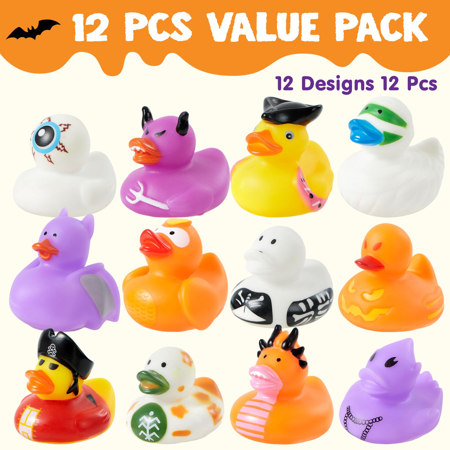 SYNCFUN 12 Pcs Halloween Rubber Ducks,Halloween Toys Glow-in-The-Dark Rubber Ducks in Bulk for Baby Toddlers Kids,Halloween Bath Toy Basket Prizes,Halloween Toys for Trick or Treaters