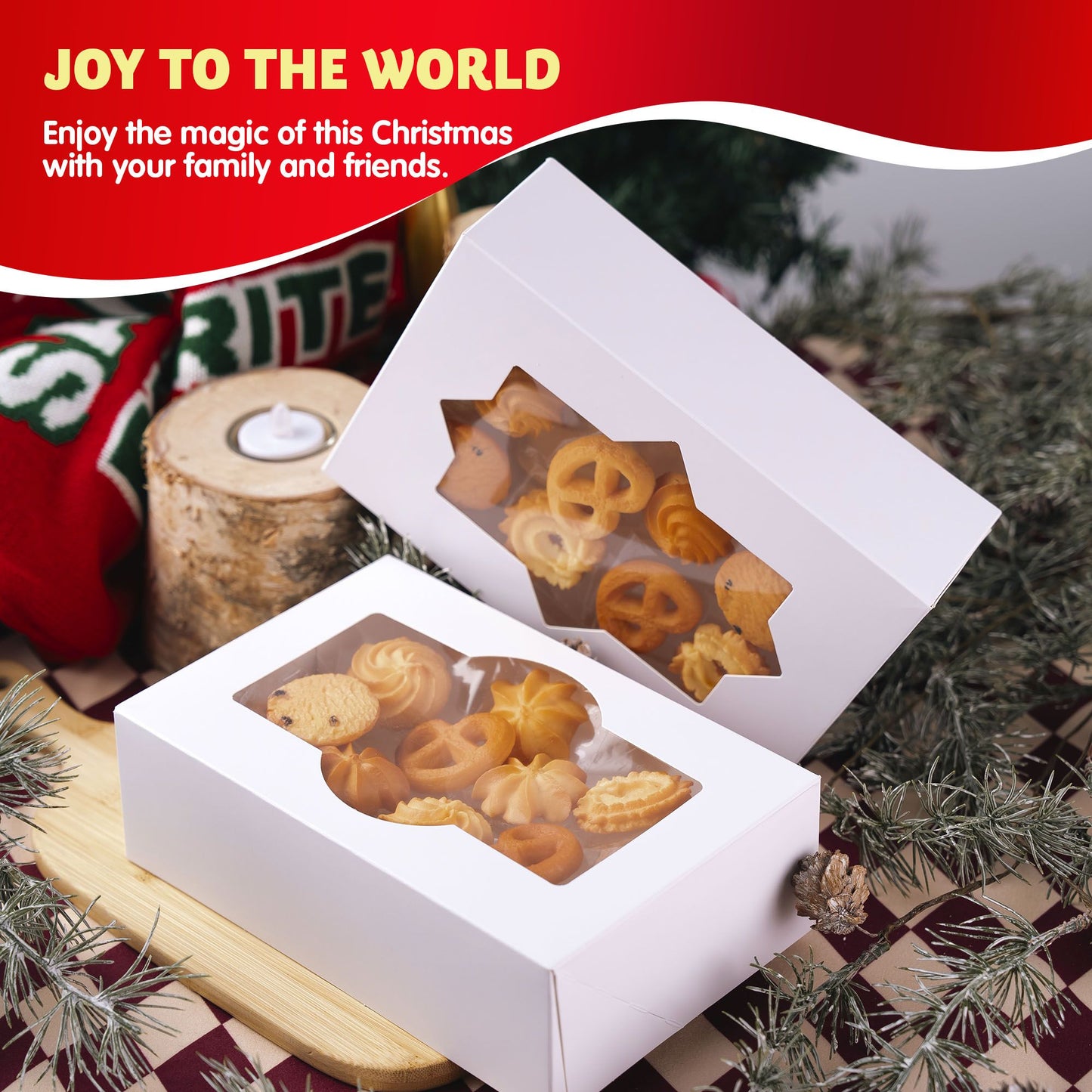 Joyfy 24 Pcs Christmas White Cookie Boxes Bakery Treat Gift Box with Window 8.5" x 5.75" x 2.75" for Pastries, Cupcakes, Cookies, Brownies, Donuts Gift Giving