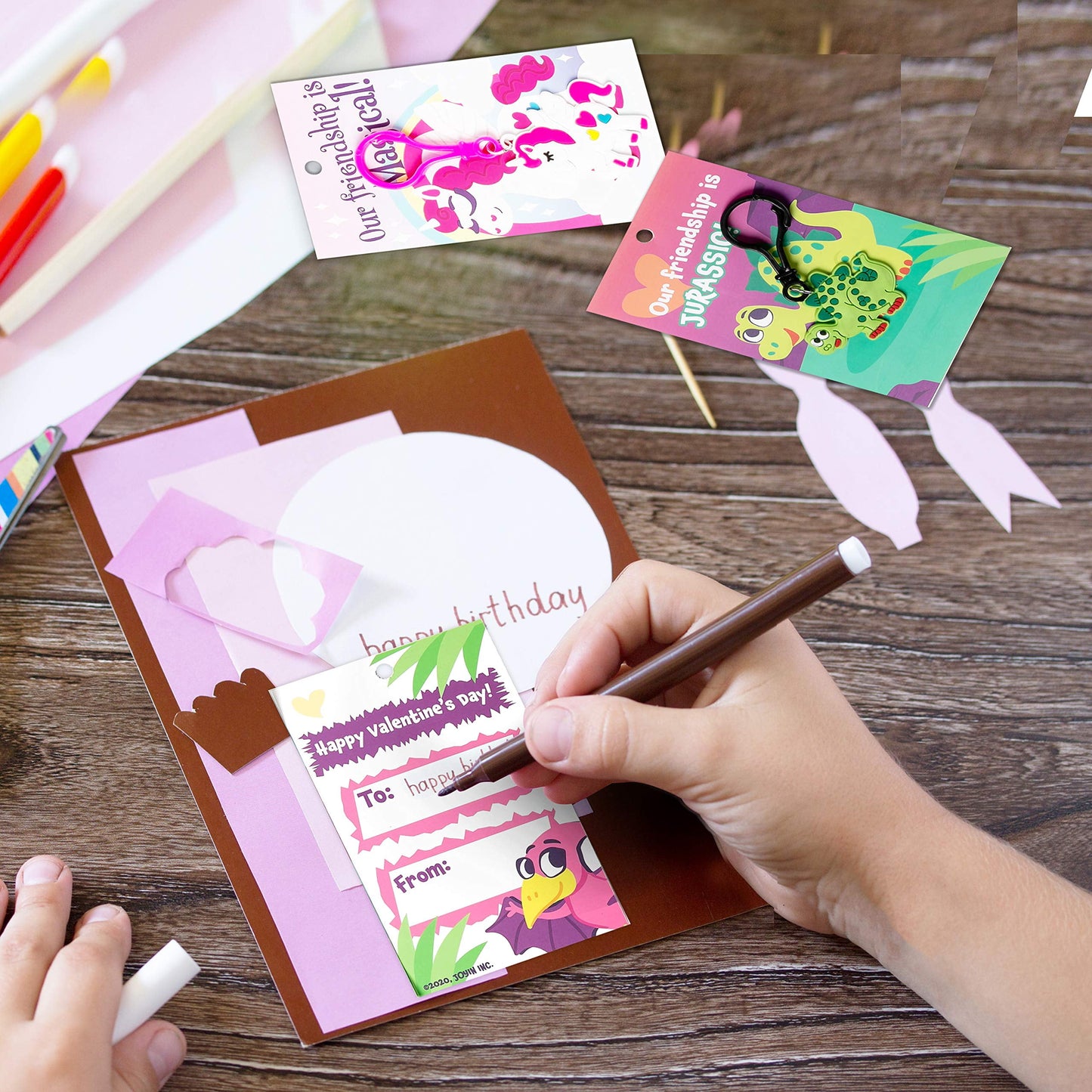 56 pcs Valentines Day Toys Set (28 Keychain and 28 Cards), Valentines Cards with Unicorn Dinosaur Gift Set for Kids, Valentines Classroom Exchange Cards