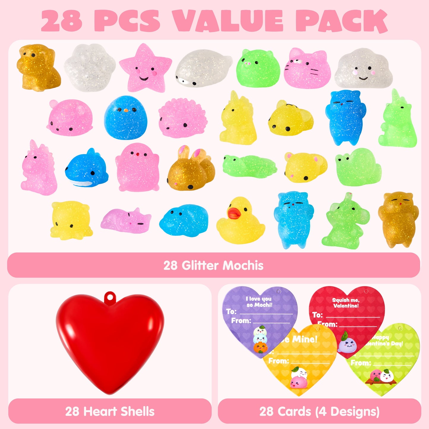 28 Packs Gift Cards with Glitter Mochi Squishy Toys, Stress Relief Fidget Toys, Cute Squeeze Toys for Kids Valentine’s Party Favor, Classroom Exchange Prizes, Exchange Gifts and Greeting Cards