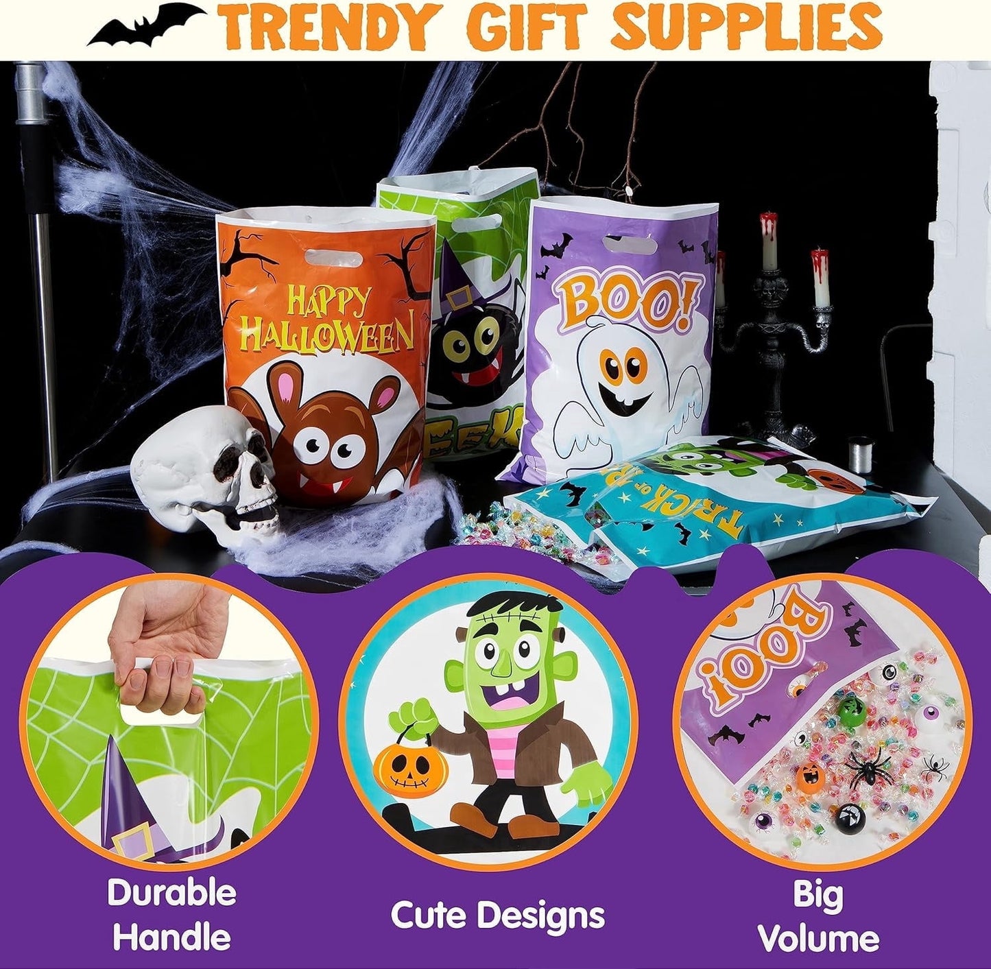 Joyfy 72 PCS Halloween Treat Bags with Handles, Goodie Bags for Kids, Exchange Classroom Gift Bags for Halloween Party Favors Decorations Supplies