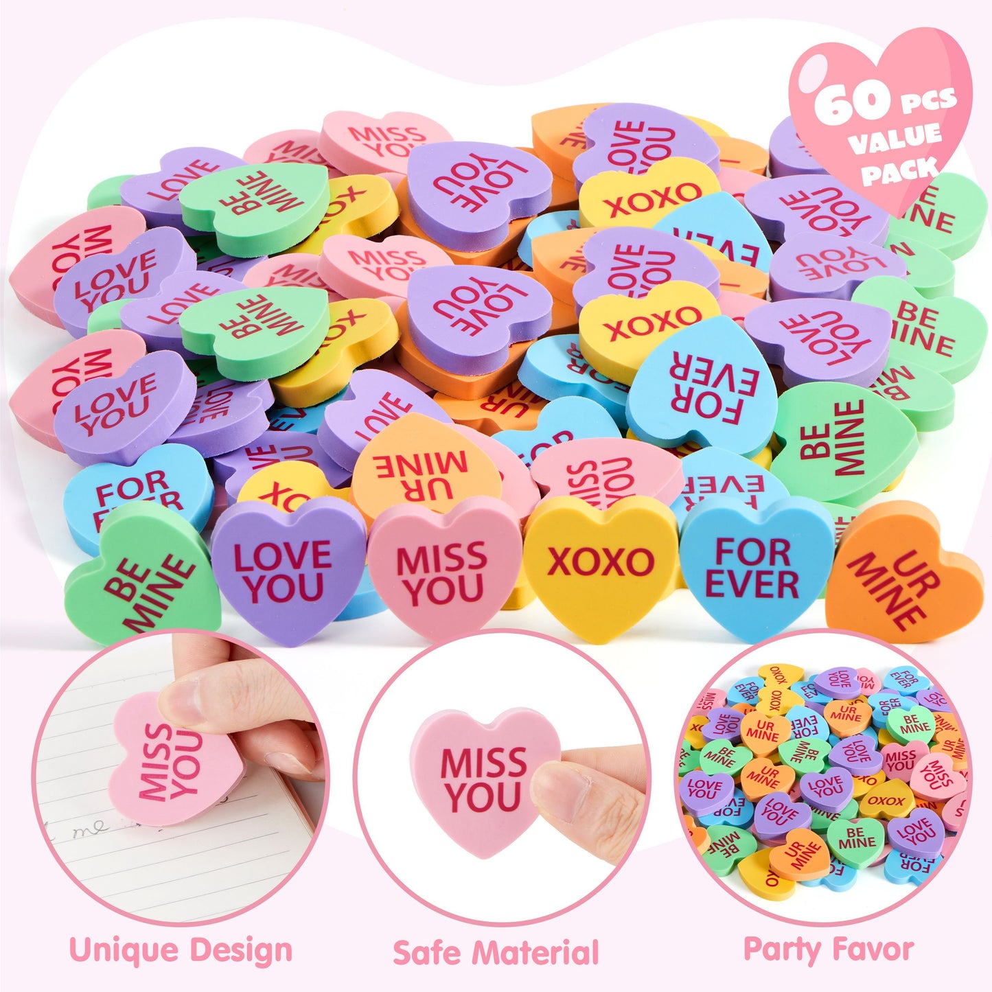 60 Packs Valentine Heart Erasers for Kids, Candy Colors Novelty Pencil Eraser, Valentine Day Gifts Set, Valentine's Classroom Exchange Eraser, Kids Classroom School Prize