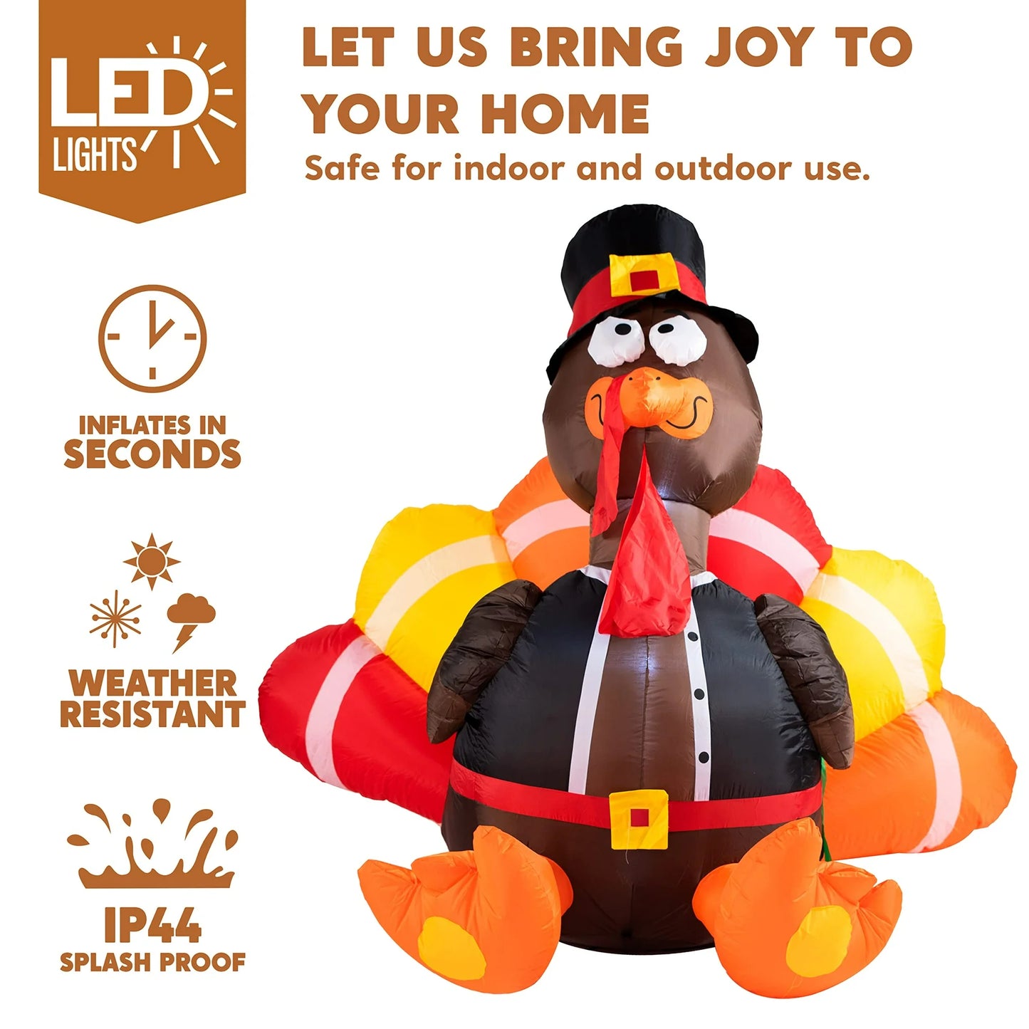 Joyfy 6FT Thanksgiving Inflatable Turkey with Pilgrim Hat and LED , Perfect for Thanksgiving Yard Inflatable Decorations