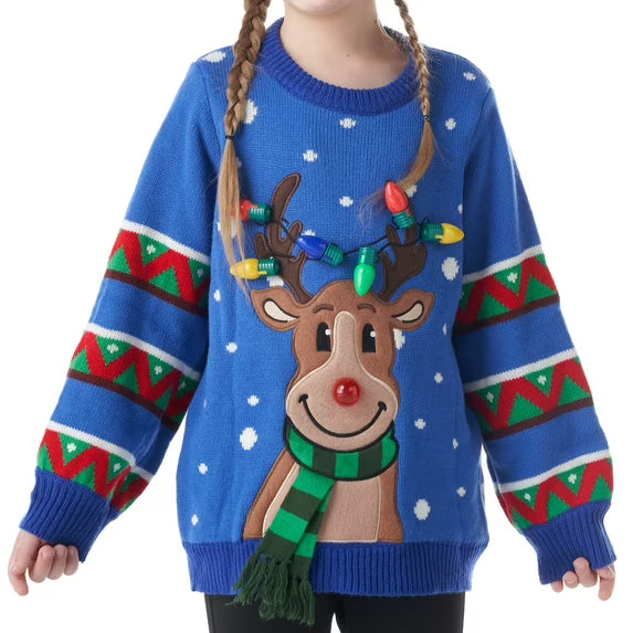 Joyfy Children Christmas Ugly Sweater LED Light-up Reindeer Christmas Sweater with Built-in Light Bulb for Boys Girls Blue, Medium