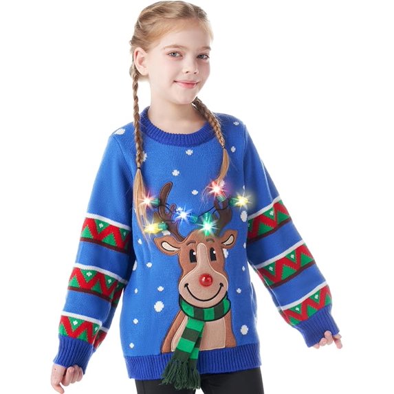 Joyfy Children Christmas Ugly Sweater LED Light-up Reindeer Christmas Sweater with Built-in Light Bulb for Boys Girls Blue, Medium