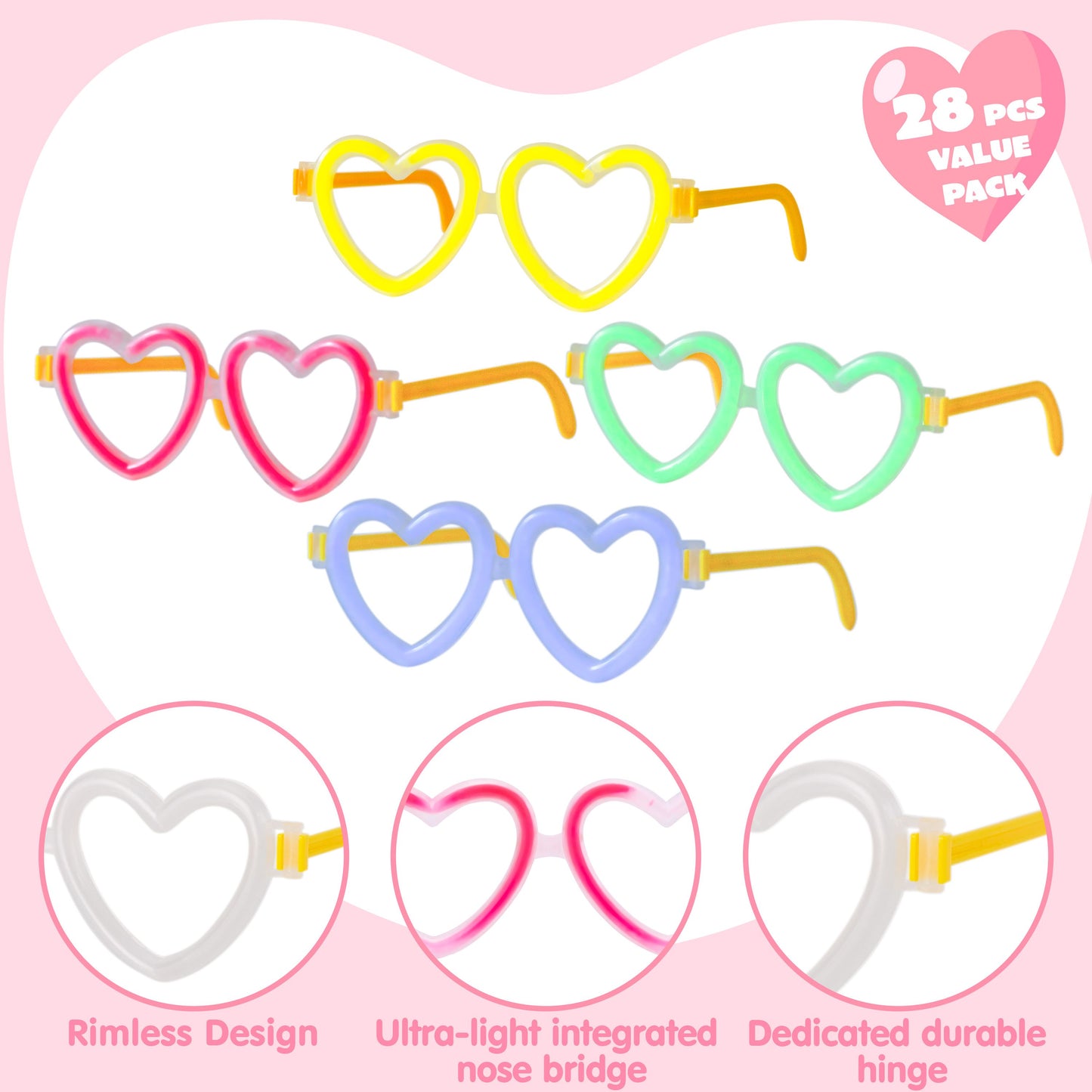 28 Packs Valentines Day Gifts Cards, Valentine's Greeting Cards with Heart Shaped Glasses and Light-up Glow Sticks for Kids Valentine's Day Party Favor Classroom Exchange Prize Supplies