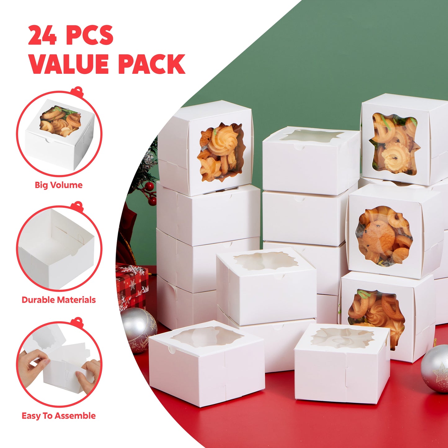 SYNCFUN 24 Pcs Christmas Bakery Cake Boxes with Window, 4x4x2.5 inch White Plain Kraft Paper Gift Box, Cookie Boxes for Pastries, Cupcakes, Cookies, Brownies, Donuts Gift-Giving