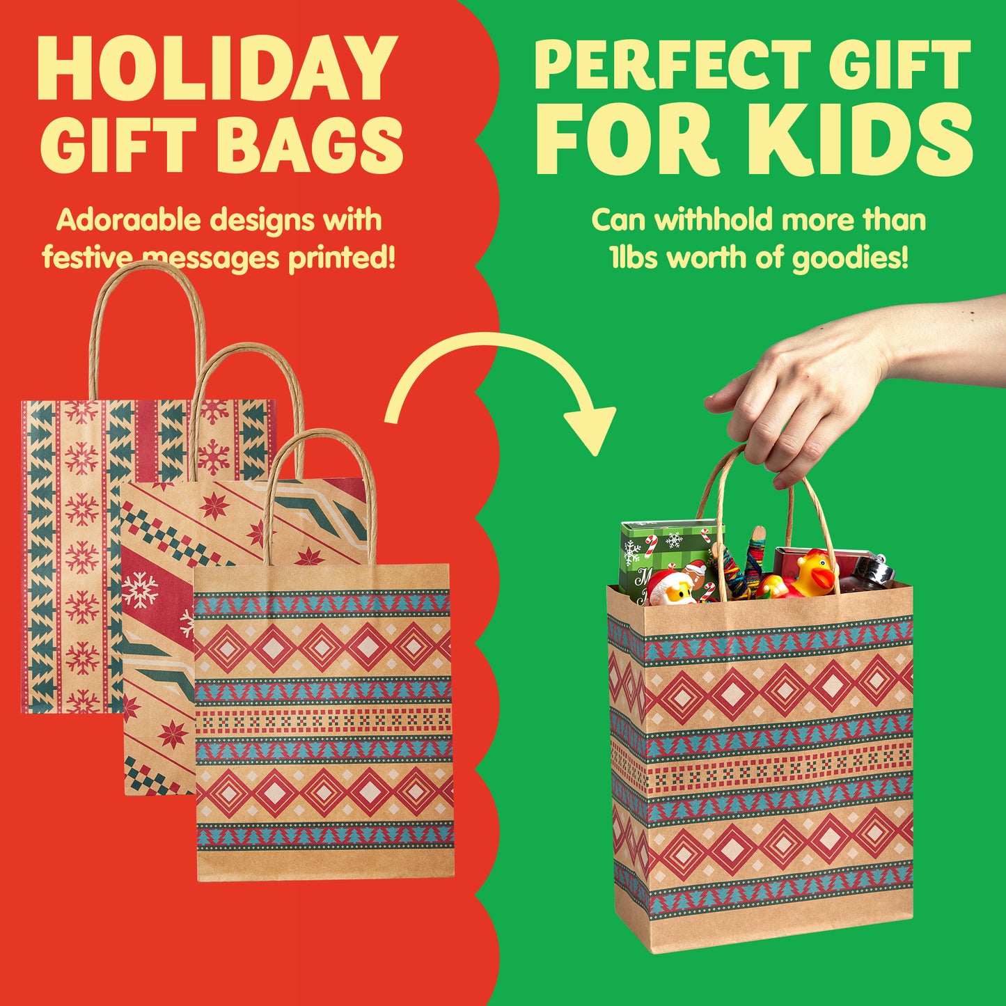 Joyfy 24 Pcs Christmas Kraft Gift Bags With Handle for Holiday Paper Gift Bags, Christmas Goody Bags, Xmas Gift Bags, School Classrooms Party Favors Supplies
