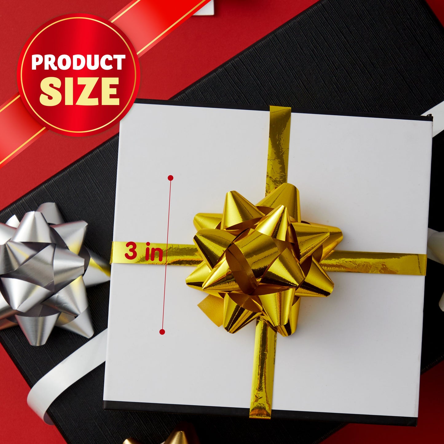 SYNCFUN 83 Pcs Christmas Gift Bows & Gift Ribbons, 75pcs 3" Christmas Self Adhesive Gift Bows (Gold, Silver, White) and 8 Rolls of Christmas Curling Ribbons for Baskets, Wine Bottles, Gift Wrapping