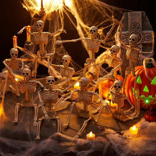 Joyfy 12 Pcs Halloween Skeleton Decorations,16 inch Full Body Poseable Skeleton with Movable Joints for Halloween Indoor Outdoor Party,Graveyard,Haunted House Accessories,White