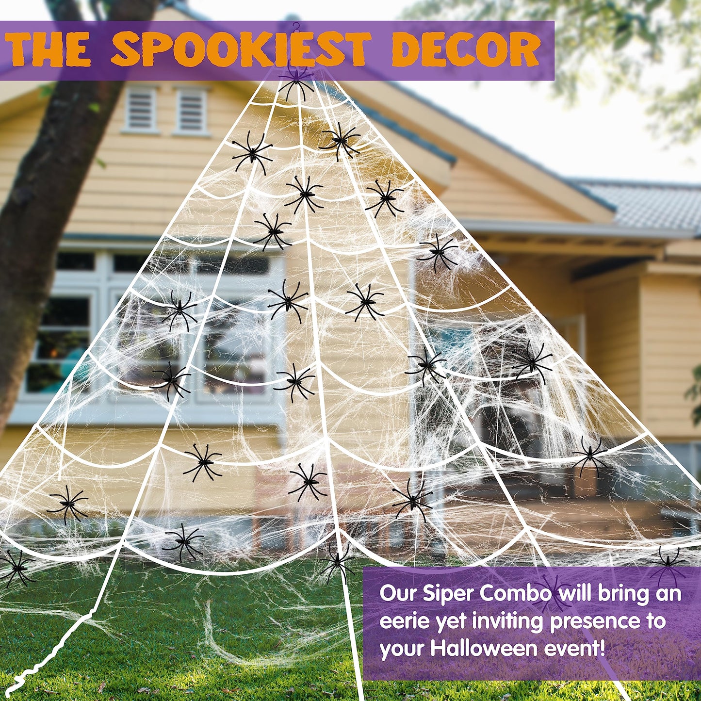 JOYIN Halloween Huge Triangular White Spider Web with 24 Spiders and 120g Super Stretch Cobweb Outdoor Decorations for Outdoor Halloween Decor Yard