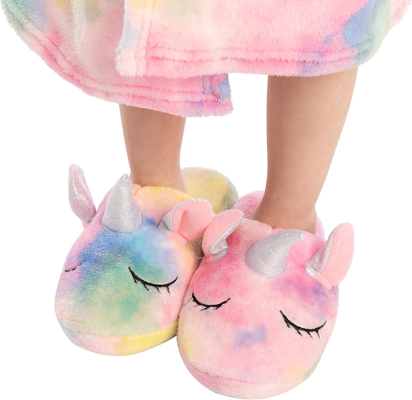 Joyfy 5 Pcs Unicorn Girls Robe Set,Soft Kids Pajamas Hooded Robe with Matching Slippers Headband Cosmestic Bag and Blindfold for Girls 5 6 7 8 9 10 Years