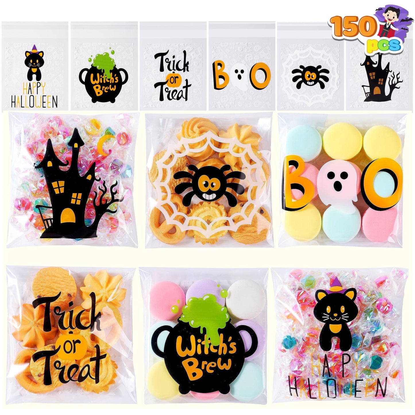 Joyfy 150 Pcs Halloween Treat Bags,Small Goodie Bags Clear Cookie and Candy Bags for Kids Trick or Treating,Cellophane Bags Halloween Party Supplies