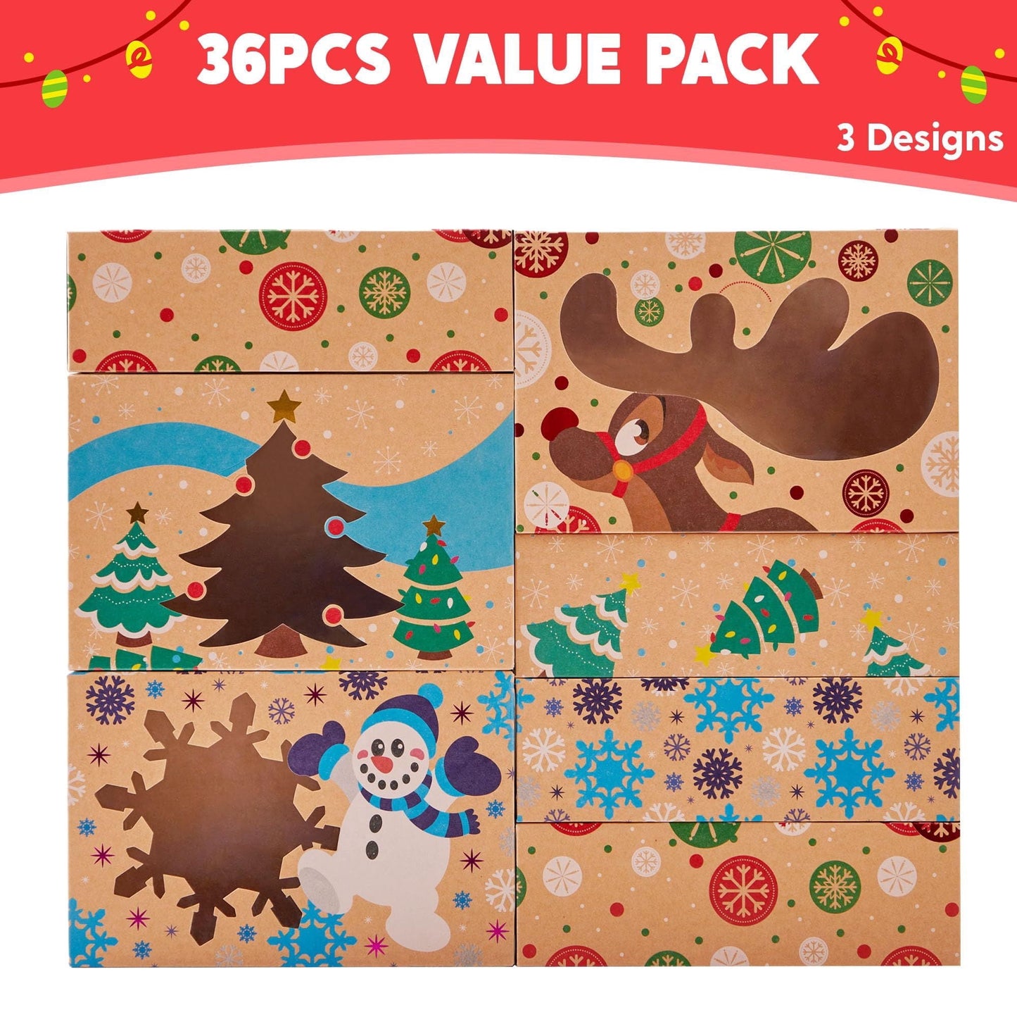 Joyfy 36 Pcs Christmas Cookie Boxes for Gift Giving, Xmas Holiday Treat Cookie Tin with Window, 3 Designs Brown Foiled Kraft Bakery Boxes for Pastries, Cupcakes, Brownies, Doughnut
