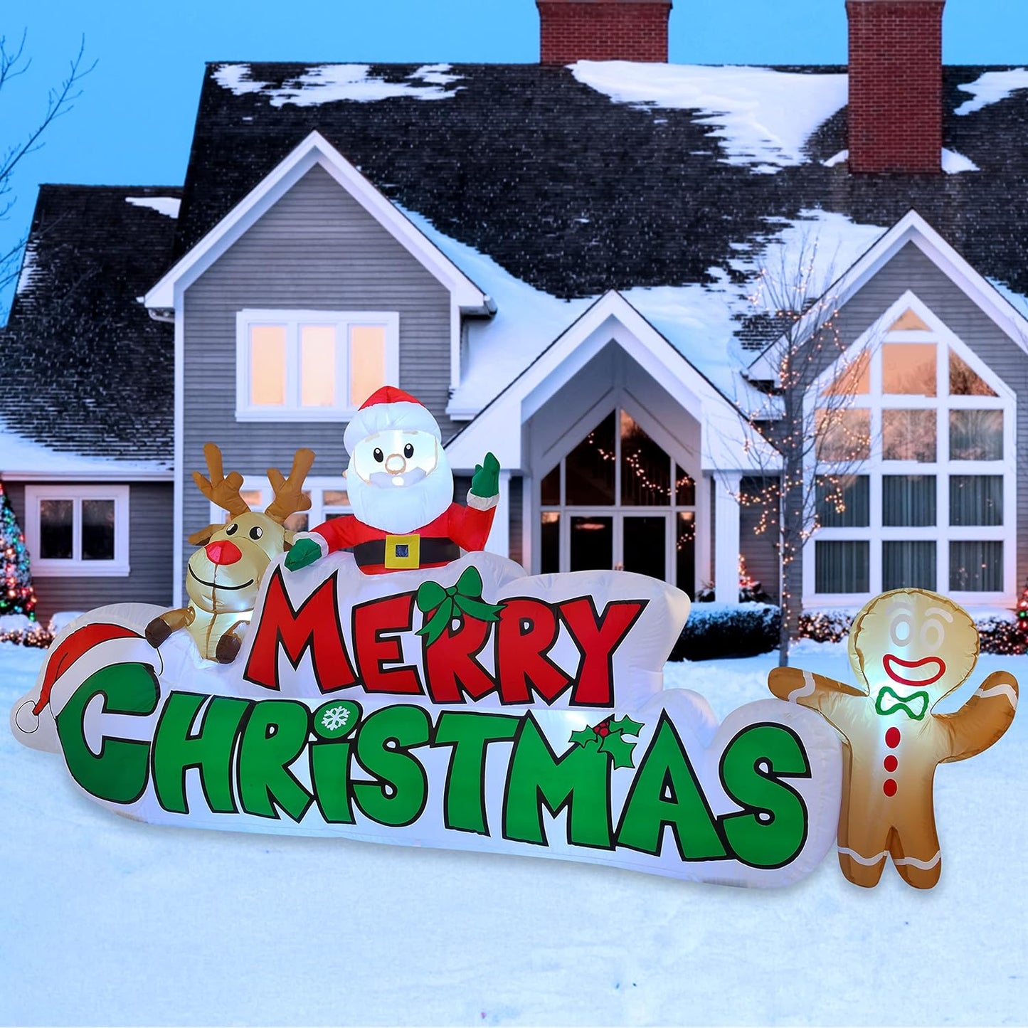 Joyfy 9.5 FT Christmas Inflatables Merry Christmas Sign with Santa Outdoor Decorations,Christmas Blow Ups Yard with Built-in LEDs for Holiday Party Garden Lawn Decor