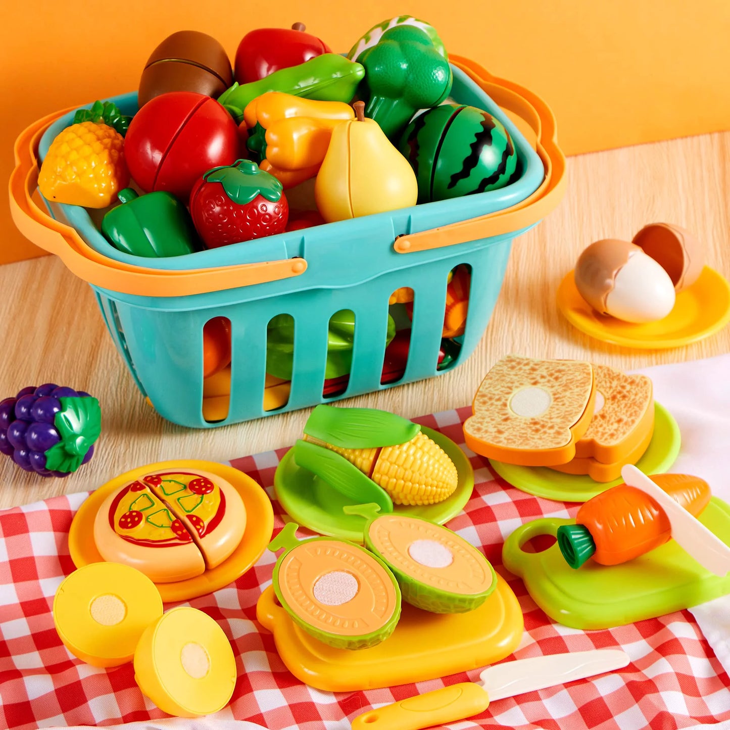 SYNCFUN 68 Pcs Cutting Play Food, Fake Food for Kids Play Kitchen with Storage Basket, Pretend Play Kitchen Toys