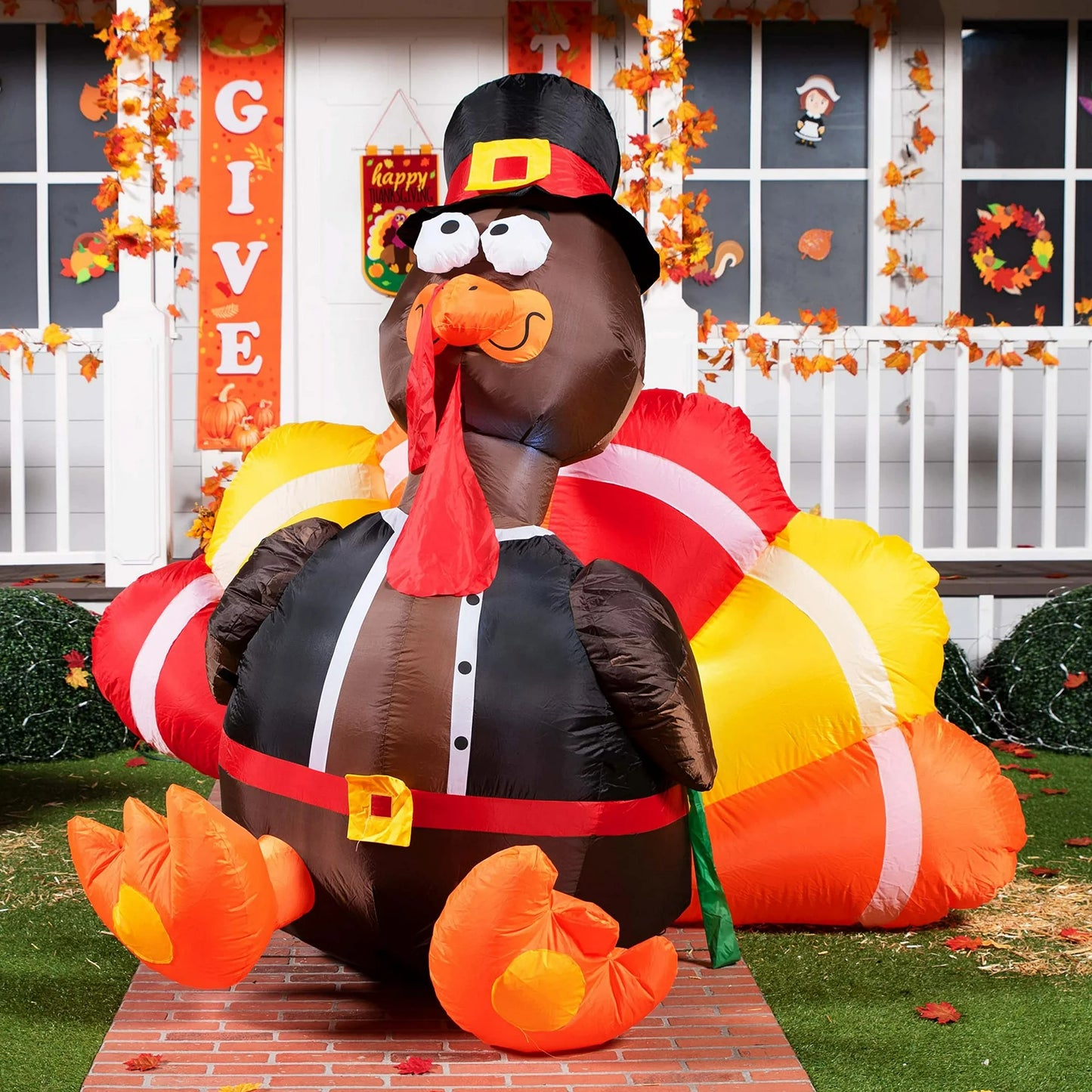 Joyfy 6FT Thanksgiving Inflatable Turkey with Pilgrim Hat and LED , Perfect for Thanksgiving Yard Inflatable Decorations
