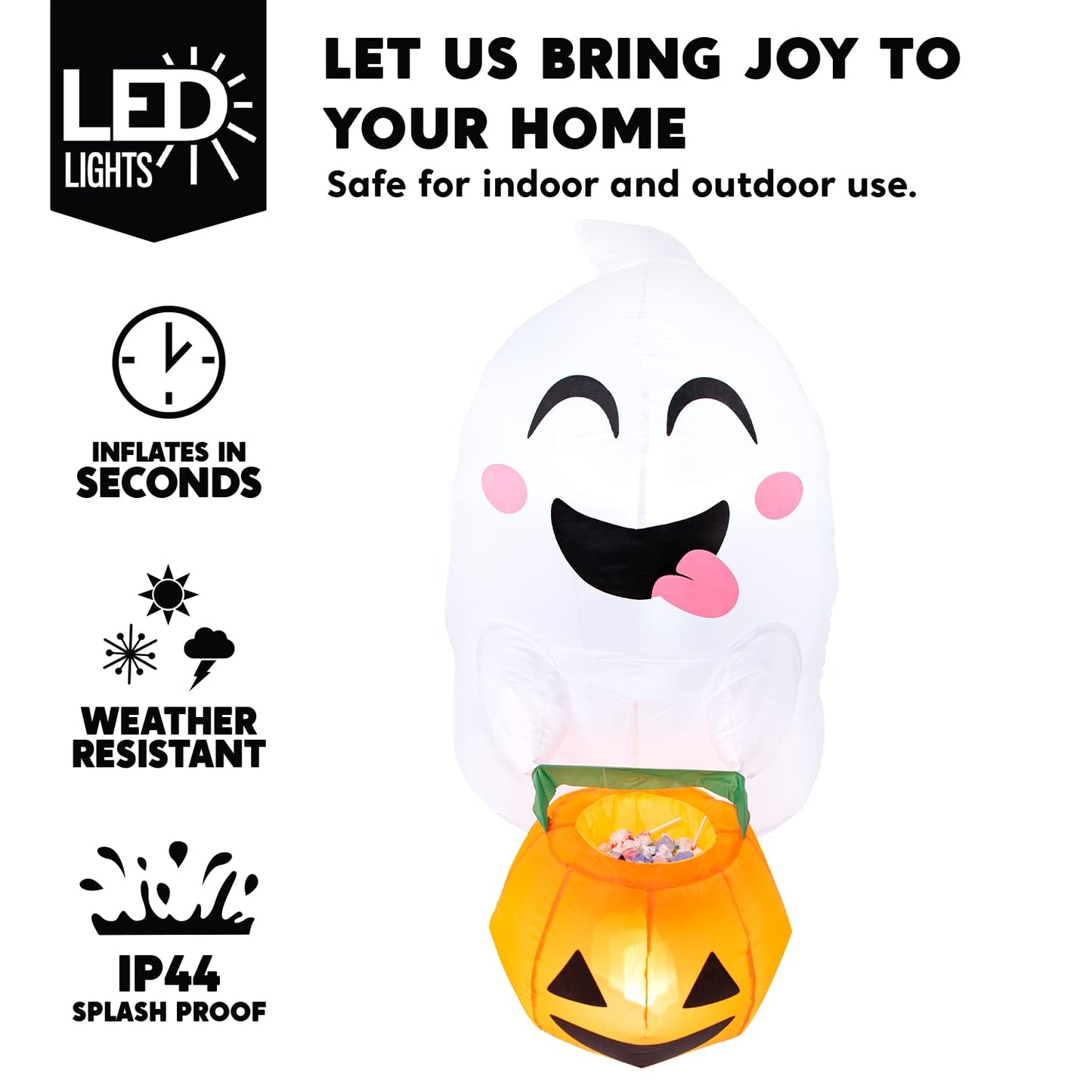 SYNCFUN 4.5 FT Halloween Inflatable Outdoor Cute Flying Ghost with Pumpkin Candy Basket Broke Out from Window with Built-in LED Blow Up Inflatable for Window Decoration Yard