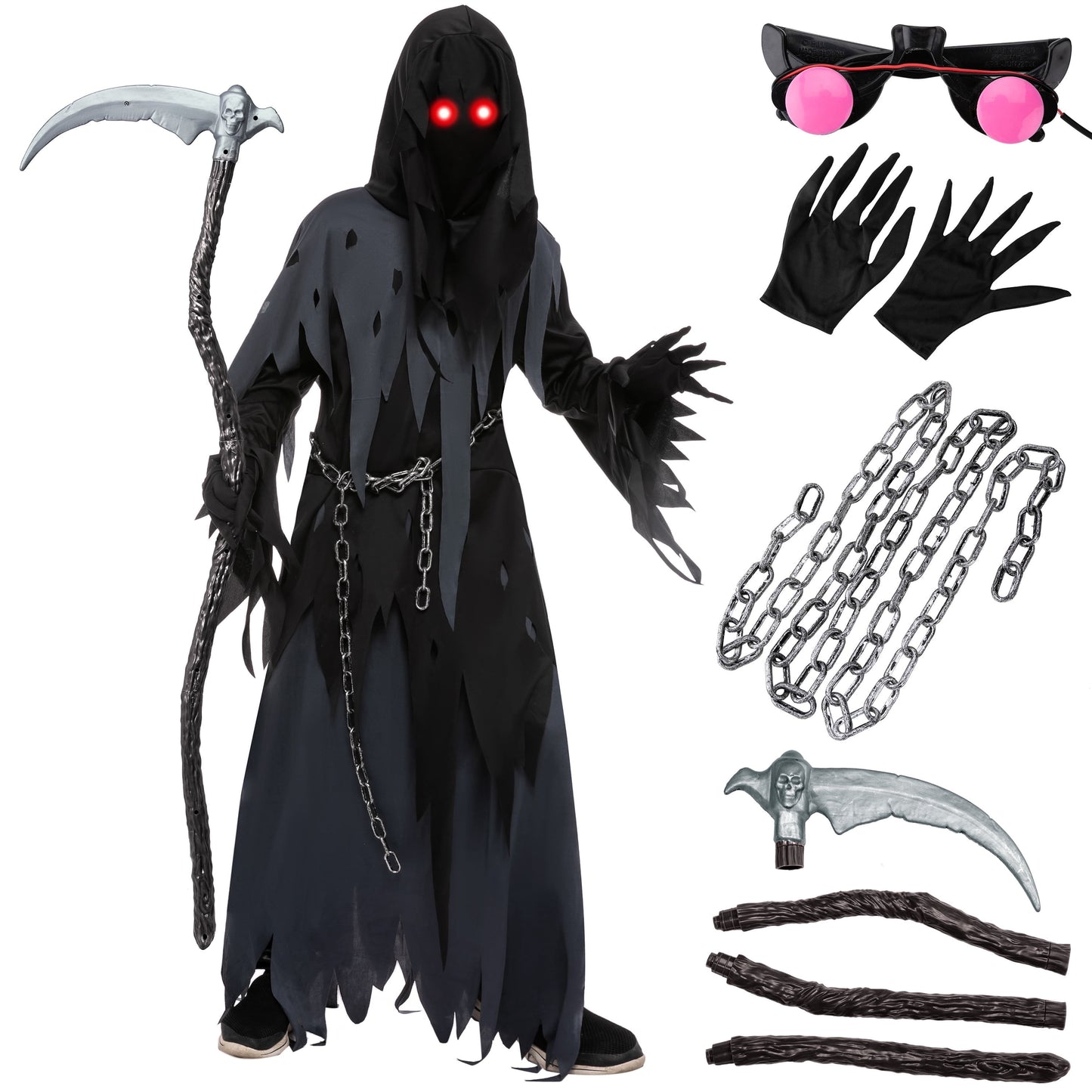 Joyfy Glowing Eyes Grim Reaper Costume for Kids, Dark Knight Reaper Phantom Costume for Halloween Dress Up Role Playing Cosplay 5 12 Years