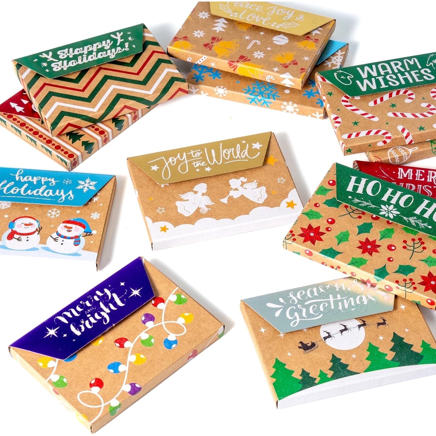 Joyfy 12 Pcs Gift Card Boxes Holder for Christmas, Brown Kraft Paper Envelope Boxes for Presents Wrapping, 12 Design Xmas Holiday Birthday Decor, Party Favor Money Cash Holder