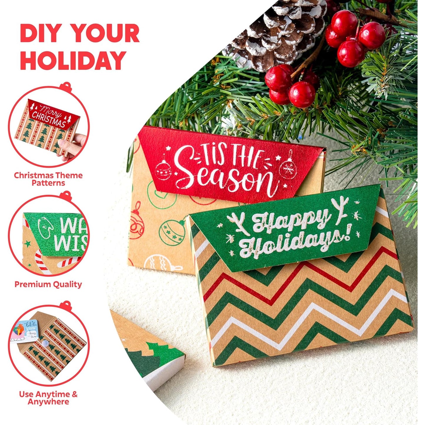Joyfy 12 Pcs Gift Card Boxes Holder for Christmas, Brown Kraft Paper Envelope Boxes for Presents Wrapping, 12 Design Xmas Holiday Birthday Decor, Party Favor Money Cash Holder
