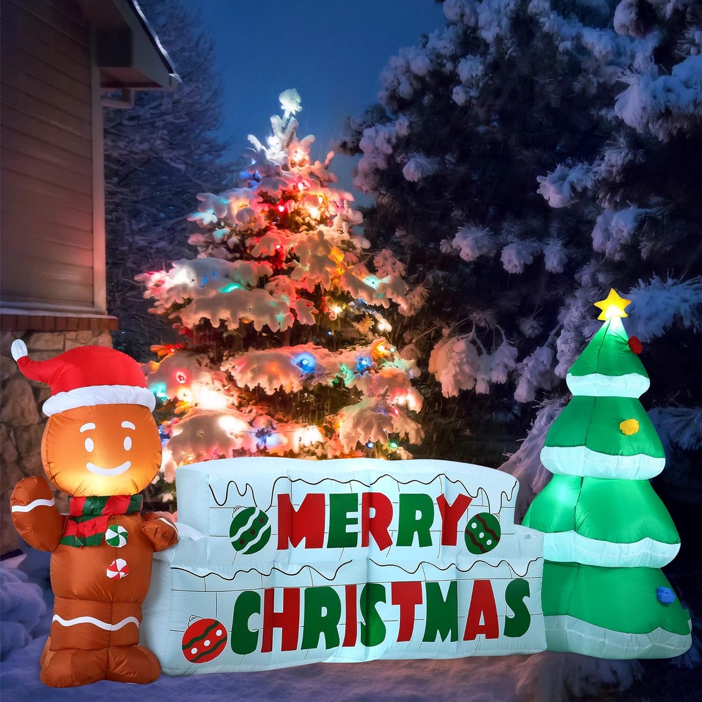Joyfy 10 FT Christmas Inflatables Gingerbread Man & Christmas Tree Outdoor Decorations,Christmas Blow Ups Yard with Built-in LEDs for Holiday Party Garden Lawn Decor