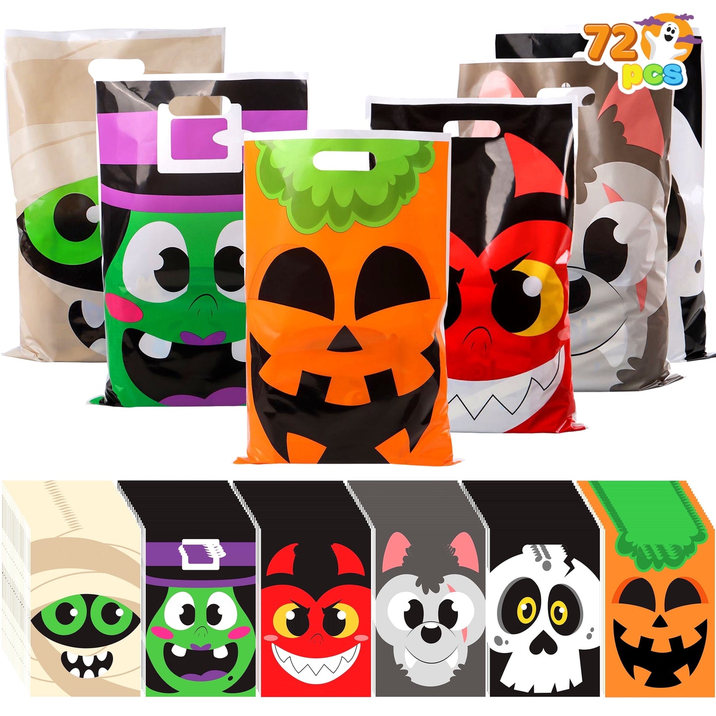 Joyfy 72 Pcs Halloween Bags,Halloween Treat Bags Plastic Trick or Treat Creepy 6 Designs for Kids Halloween Candy Bags,Classroom Goody Bags