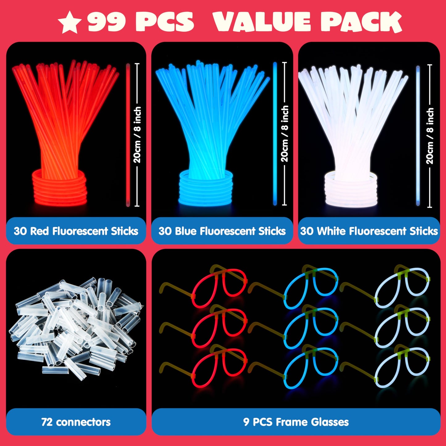 99 pieces of July 4th patriotic glow stick bracelets, necklaces, glasses