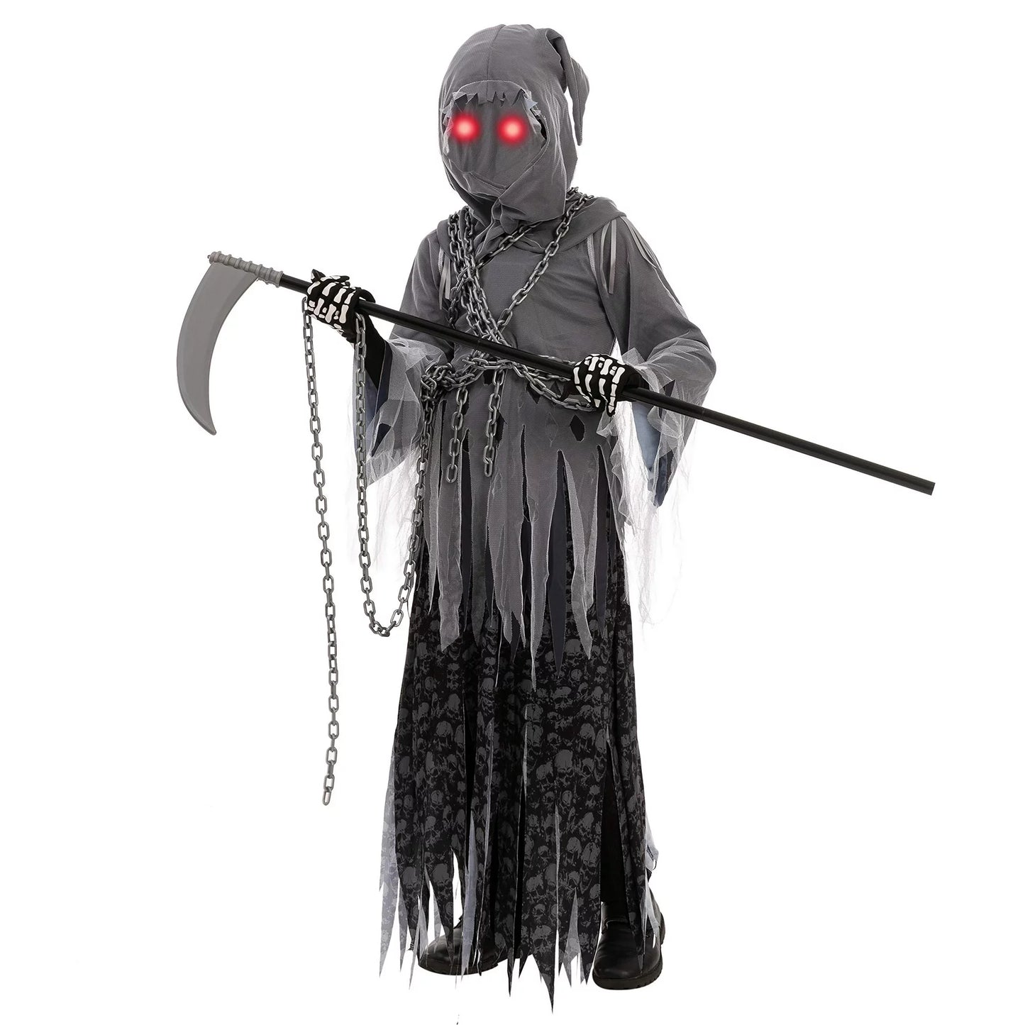 Spooktacular Creations Child Unisex Grim Reaper Costume for Kids, Halloween Costume with Glowing Red Eyes, Trick-or-Treating Cosplay Dress UP-M