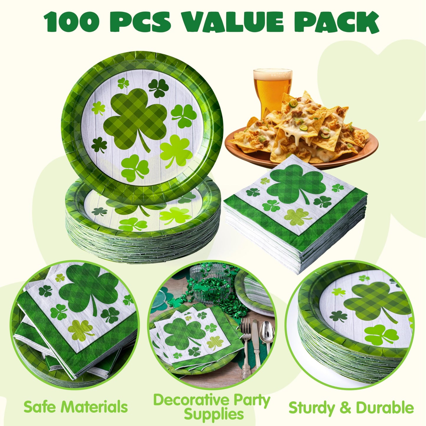 A set of 100 St. Patrick's Day plates and napkins, accommodating 50 pieces. 50 green clover checkered plates and 50 green clover checkered paper napkins, designed with clover