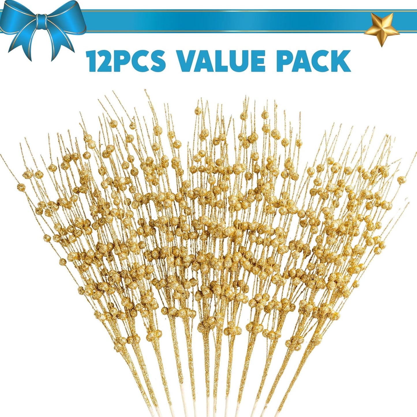 Joyfy 12 Pcs Christmas Tree Berry Stem, 17 Inches Decorative Bead Sticks, Glittery Twigs, Picks, Branches for Christmas Tree, Small Vase, Holiday, Wedding, Party (Gold)